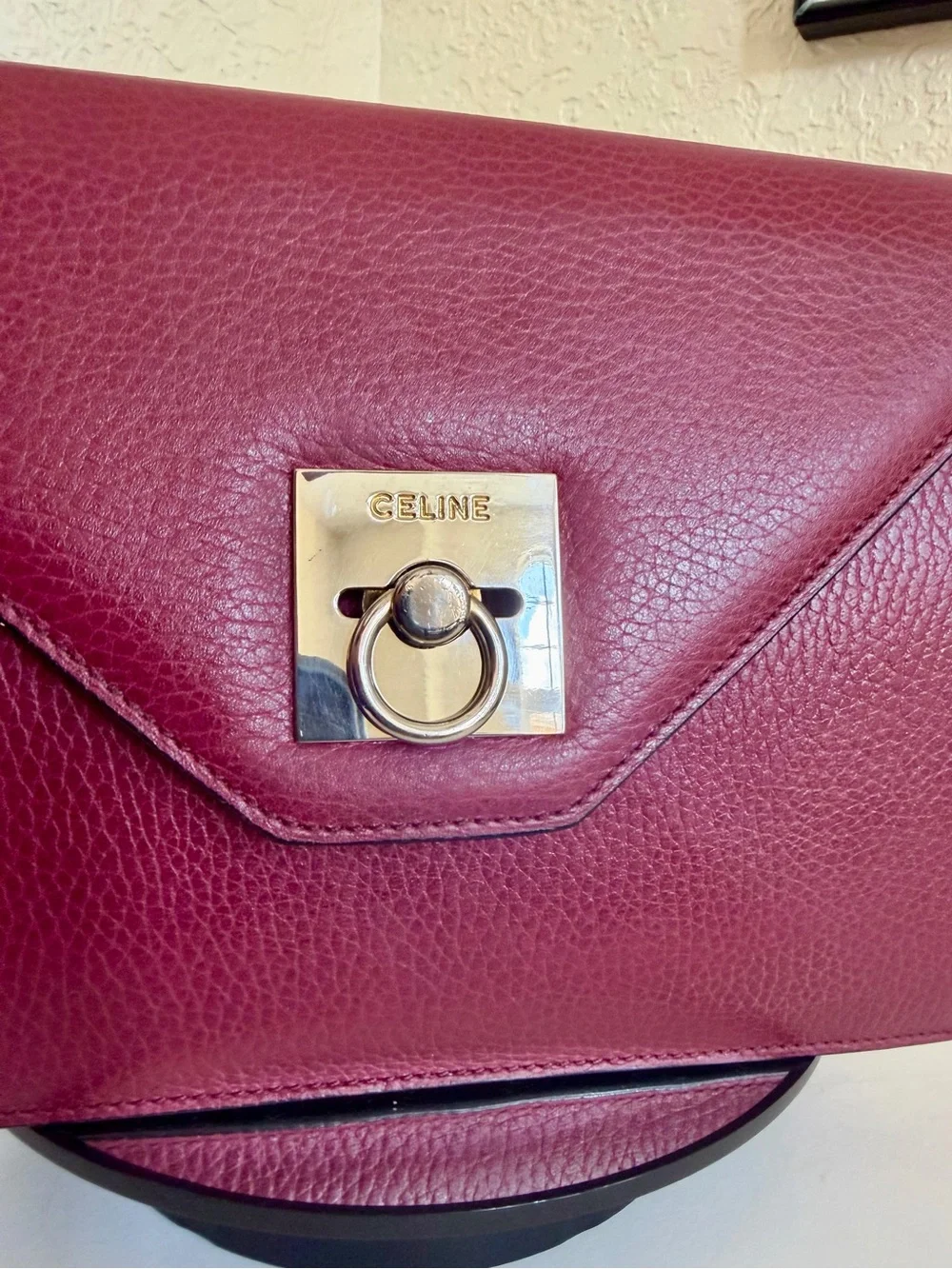 Celine Wine Red Pebbled Leather Envelope Clutch Purse Gold Hardware